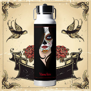 Mysterious Black Elegant Sugar Skull Portrait Water Bottle