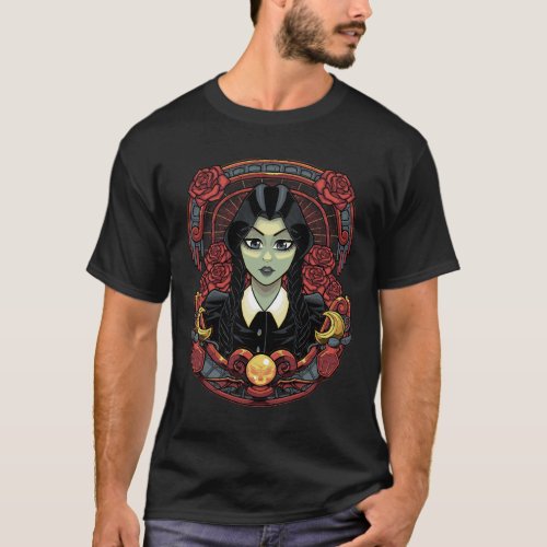 Mysterious Black Gothic Girl Roses Vintage Portrai T_Shirt