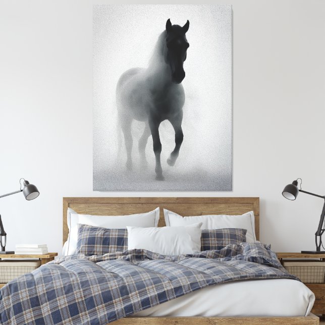 Mysterious Black Horse Emerging from Mist Canvas Print (Insitu(Bedroom))