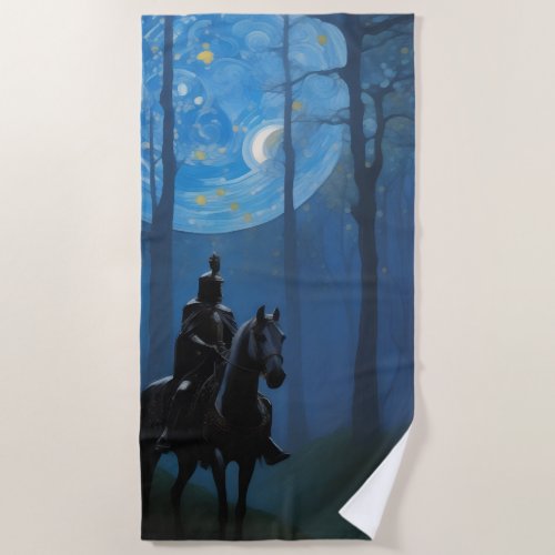 Mysterious Black Knight in the Moonlit Forest Beach Towel