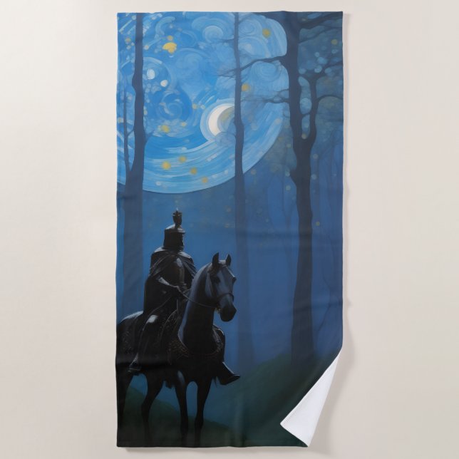 Mysterious Black Knight in the Moonlit Forest Beach Towel (Front)