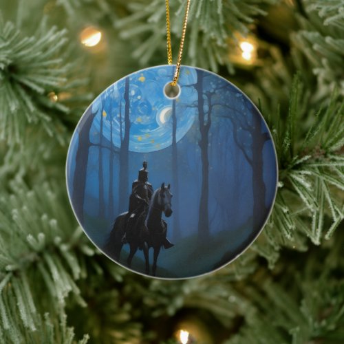 Mysterious Black Knight in the Moonlit Forest Ceramic Ornament