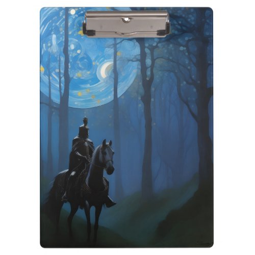 Mysterious Black Knight in the Moonlit Forest Clipboard