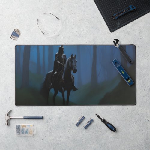 Mysterious Black Knight in the Moonlit Forest Desk Mat