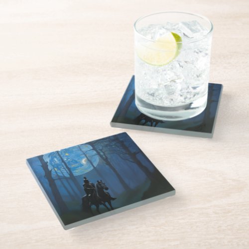 Mysterious Black Knight in the Moonlit Forest Glass Coaster