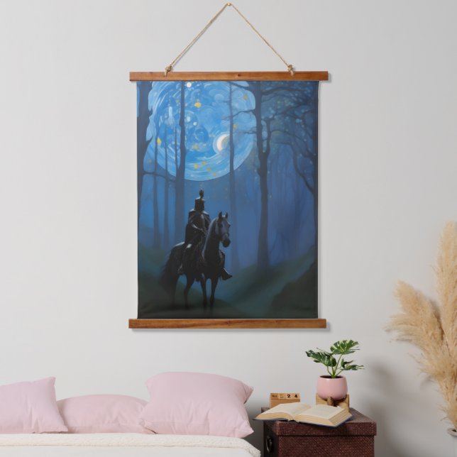 Mysterious Black Knight in the Moonlit Forest Hanging Tapestry (Bedroom)