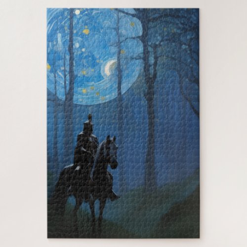 Mysterious Black Knight in the Moonlit Forest Jigsaw Puzzle