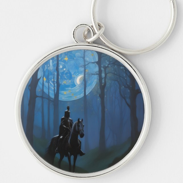 Mysterious Black Knight in the Moonlit Forest Keychain (Front)