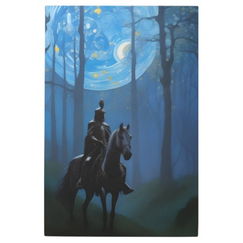 Mysterious Black Knight in the Moonlit Forest Metal Print