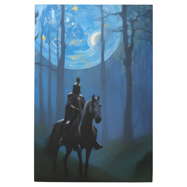Mysterious Black Knight in the Moonlit Forest Metal Print (Front)