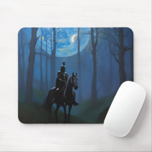 Mysterious Black Knight in the Moonlit Forest Mouse Pad