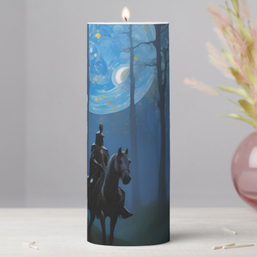 Mysterious Black Knight in the Moonlit Forest Pillar Candle