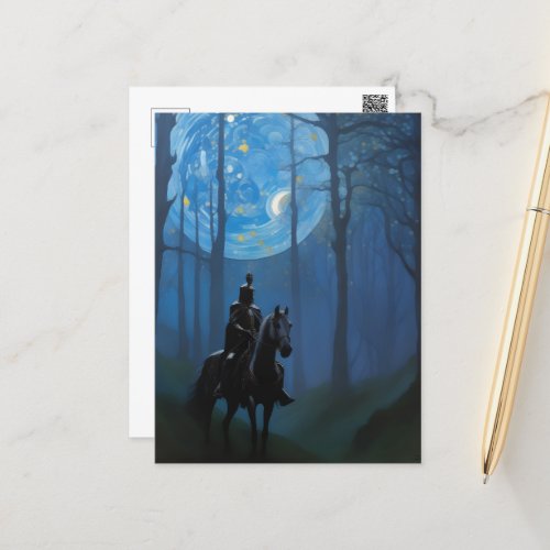 Mysterious Black Knight in the Moonlit Forest Postcard
