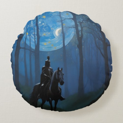 Mysterious Black Knight in the Moonlit Forest Round Pillow