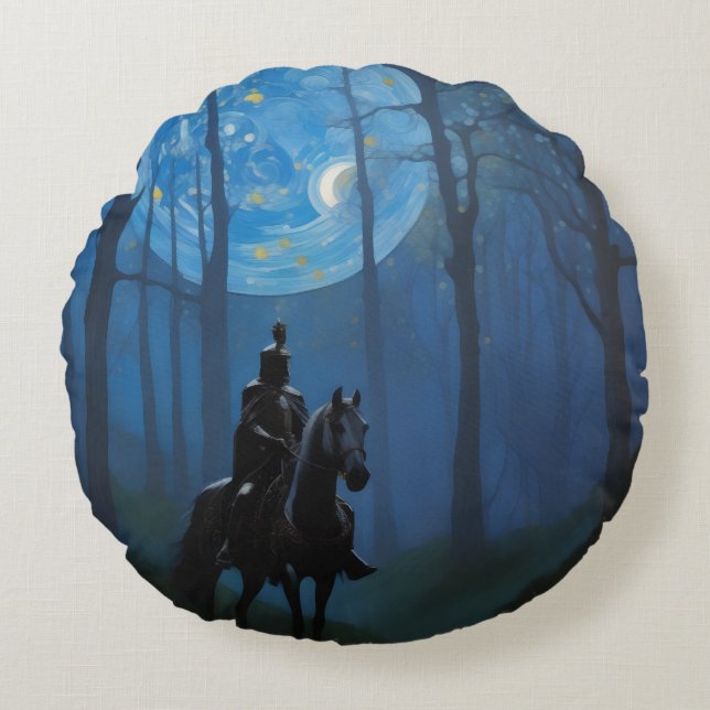 Mysterious Black Knight in the Moonlit Forest Round Pillow (Front)
