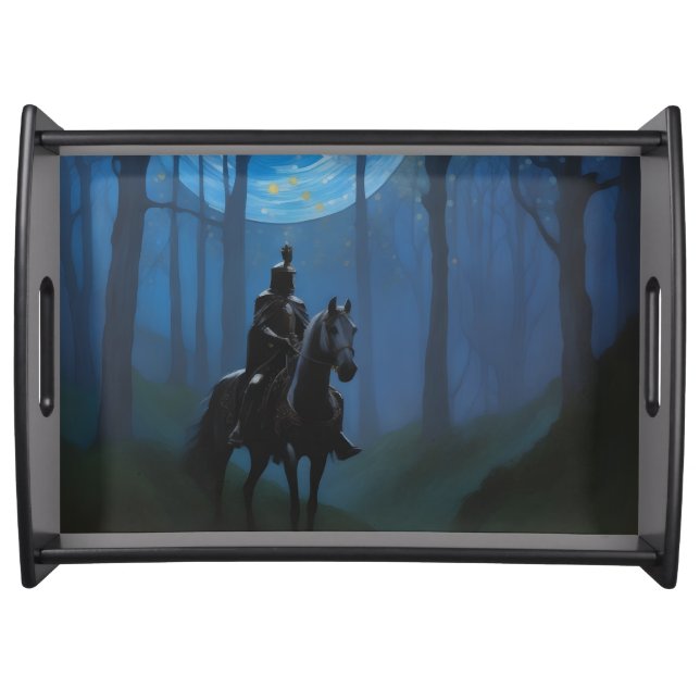 Mysterious Black Knight in the Moonlit Forest Serving Tray (Front)