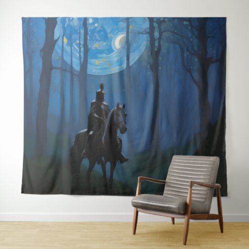 Mysterious Black Knight in the Moonlit Forest Tapestry