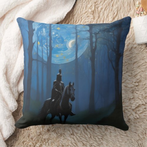 Mysterious Black Knight in the Moonlit Forest Throw Pillow