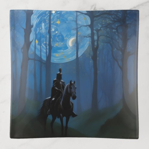 Mysterious Black Knight in the Moonlit Forest Trinket Tray