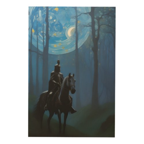 Mysterious Black Knight in the Moonlit Forest Wood Wall Art