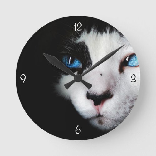 Mysterious Blue Eyed Tuxedo Cat Clock