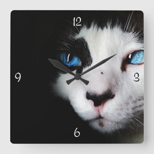 Mysterious Blue Eyed Tuxedo Cat Clock