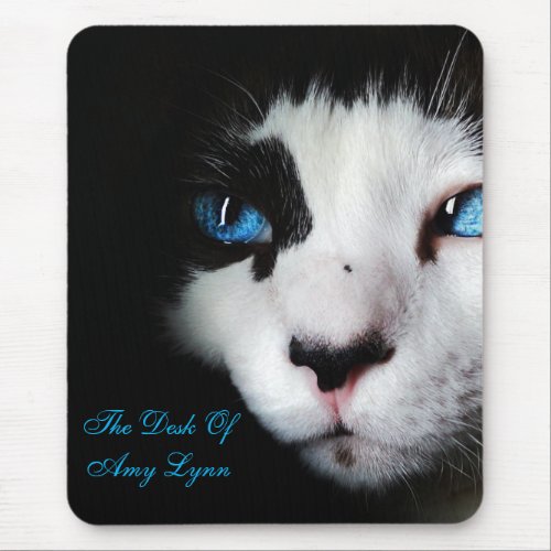 Mysterious Blue Eyed Tuxedo Cat MousePad