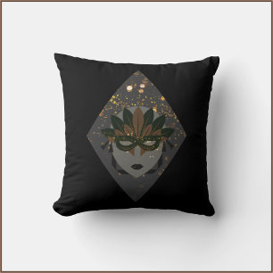 Mysterious Bronze & Black Glitter Mask Mardi Gras Throw Pillow