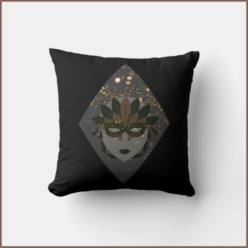 Mysterious Bronze  Black Glitter Mask Mardi Gras Throw Pillow