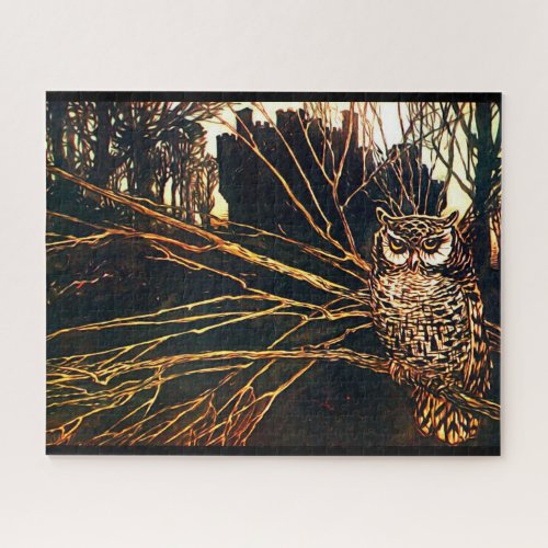 Mysterious castle in the woods and owl jigsaw puzzle