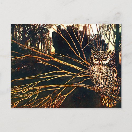 Mysterious castle in the woods and owl postcard