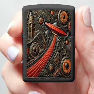 Mysterious Craft Descends Over an Ancient Tower Zippo Lighter