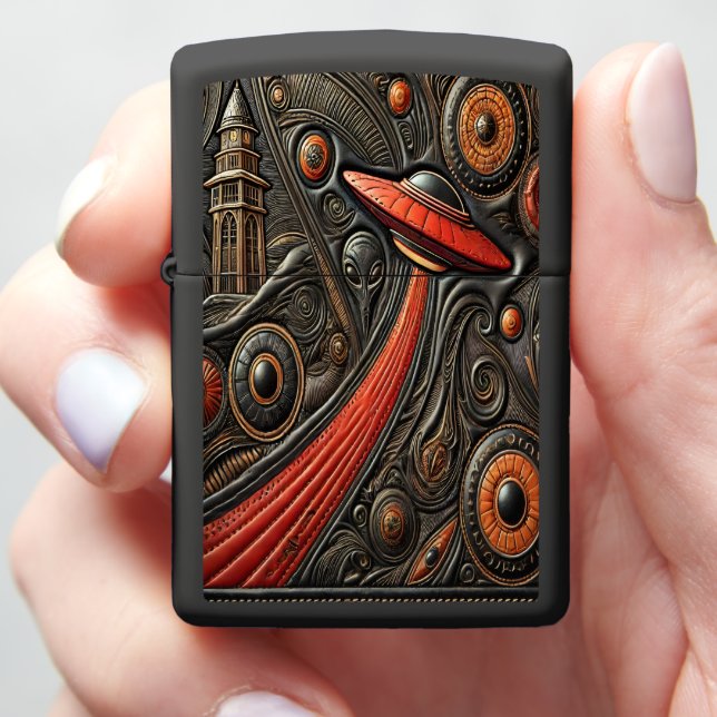 Mysterious Craft Descends Over an Ancient Tower Zippo Lighter (In Hand)