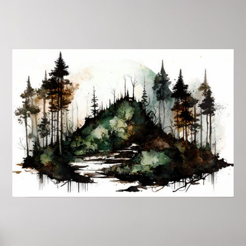 Mysterious Dark Forest Watercolor Poster