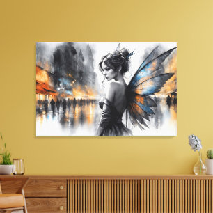 Mysterious fairy misty city glowing ethereal wings canvas print