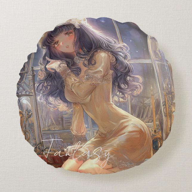 Mysterious Fantasy Girl - Gothic Art Aesthetic Round Pillow (Front)