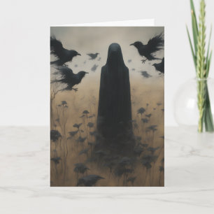 Mysterious Figure in Black with Crows Halloween Card