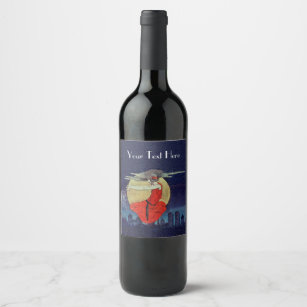 Mysterious Floating Woman City Lights Moon Blue Wine Label