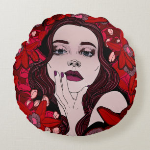 Mysterious girl surrounded by red flowersabstract, round pillow