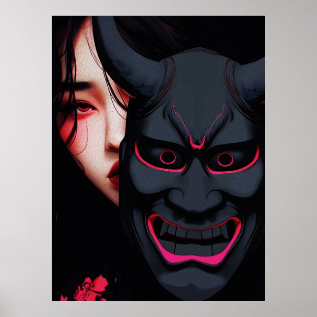 Mysterious Girl with Oni Mask Dark Japanese Horror Poster (Front)