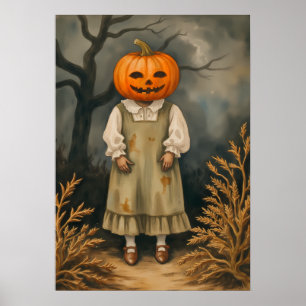 Mysterious Girl with Pumpkin Head – Spooky Poster