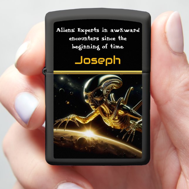 Mysterious Golden Alien Exploring Distant Planets Zippo Lighter (In Hand)