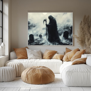 Mysterious Grim Reaper in a Foggy Graveyard Poster