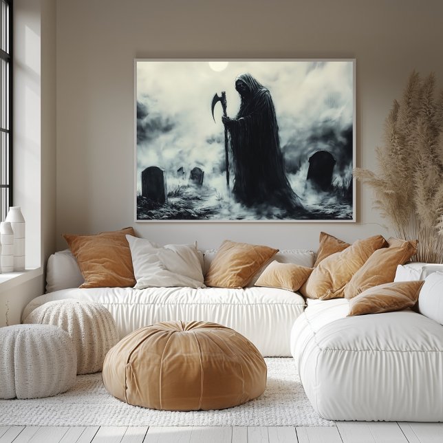 Mysterious Grim Reaper in a Foggy Graveyard Poster (Creator Uploaded)