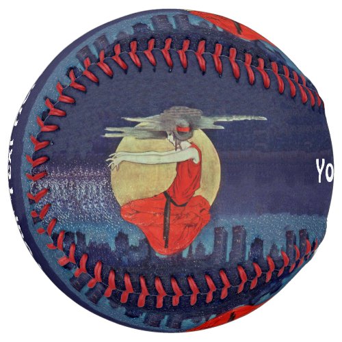 Mysterious Lady in Red Floating over city Blue Softball