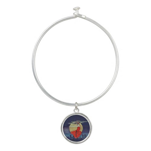 Mysterious Lady in Sky Over City Moon Clouds Bangle Bracelet