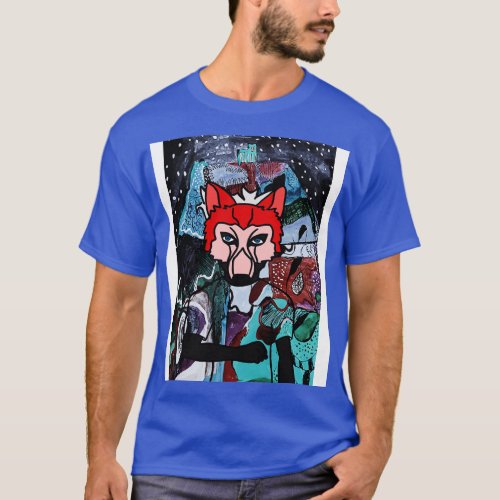 Mysterious Male Character with Animal Mask in a Bl T_Shirt