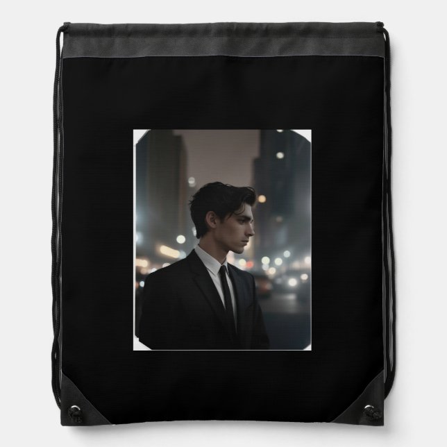 Mysterious Man in Suit at Night – Cinematic Urban  Drawstring Bag (Front)