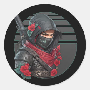 Mysterious Ninja Warrior with Sword and Red Scarf Classic Round Sticker