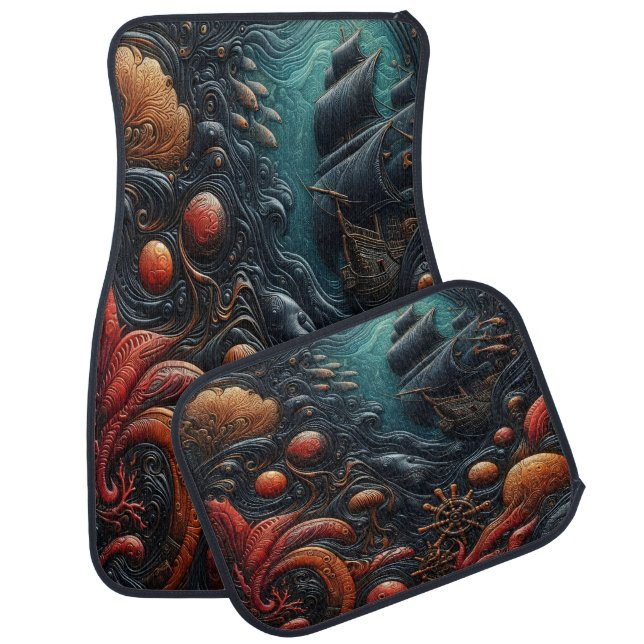 Mysterious Ocean Scene With Ship and Sea Creatures Car Floor Mat (Set)